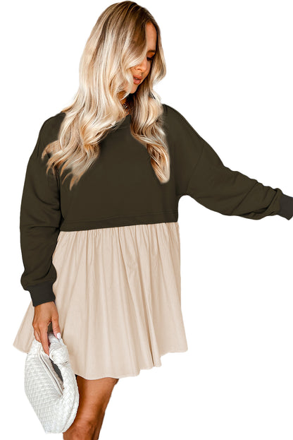 Khaki Sweatshirt 2-in-1 Flowy Pleated Mini Dress - Cowaa