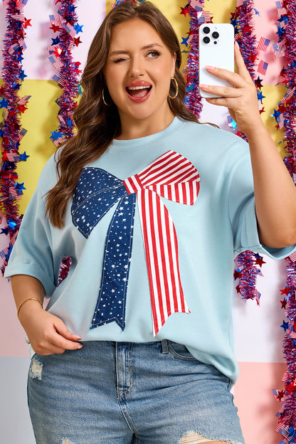 Beau Blue Plus Size Patriotic Bow Patchwork Graphic T-Shirt