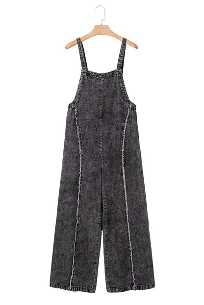 Blue Light Wash Frayed Exposed Seam Wide Leg Denim Overalls - Cowaa