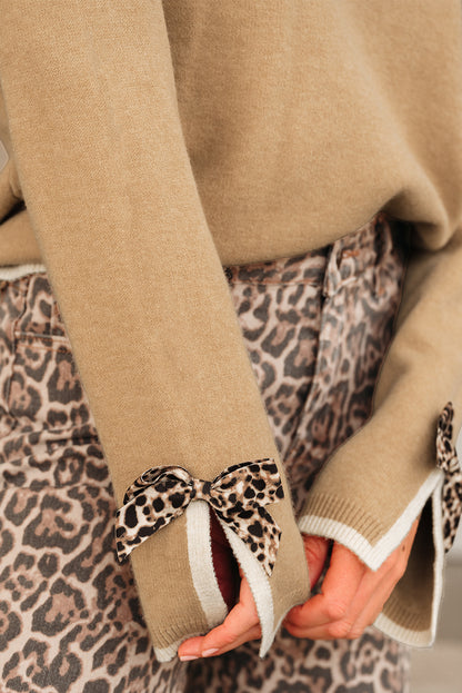 Tan Leopard Bow Decor Split Cuff Contrast Trim Sweater