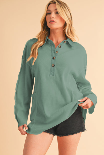 Pink Waffle Patchwork Drop Sleeve Henley Top - Cowaa