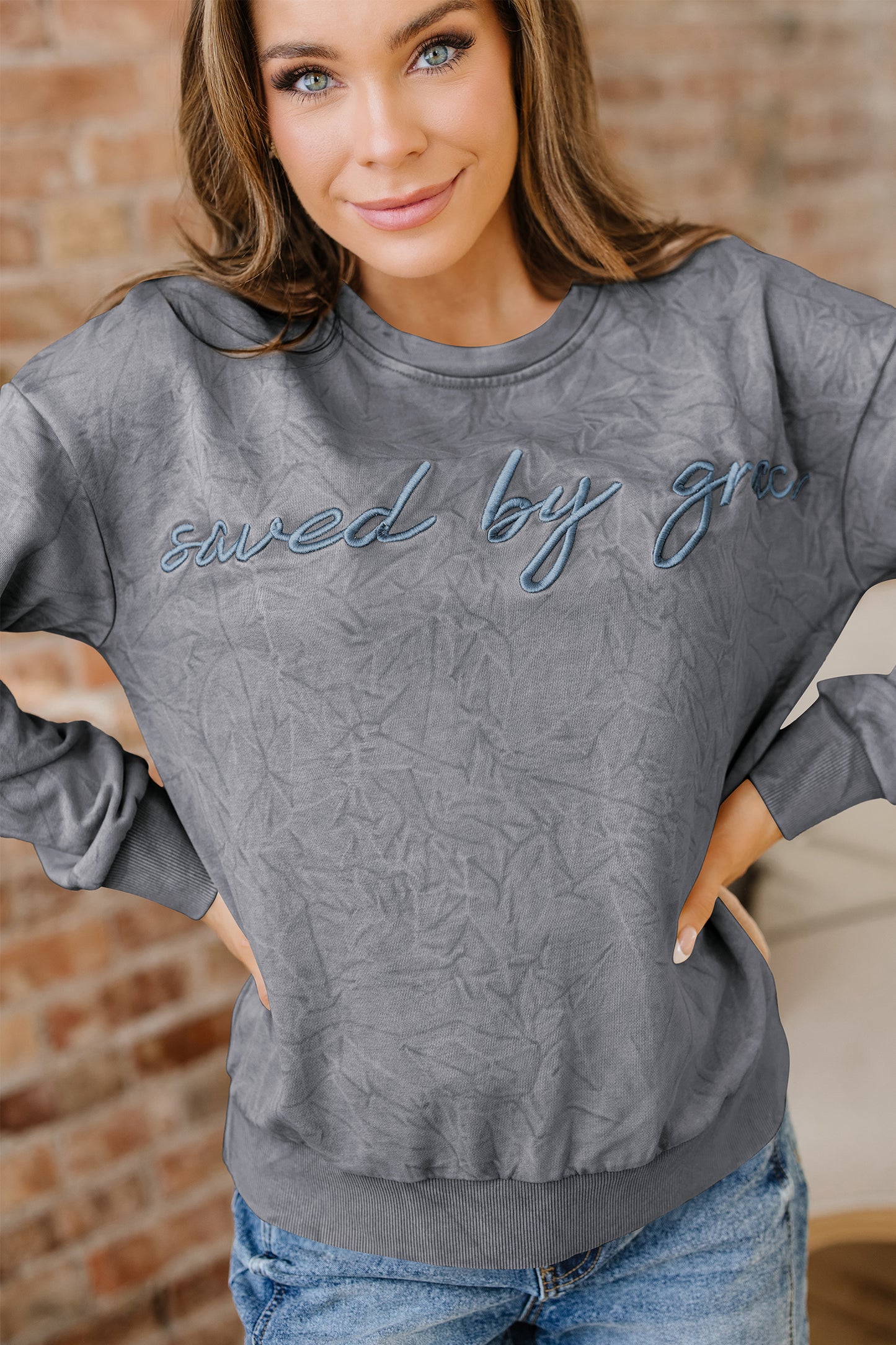 High-rise saved by grace Letter Embroidery Mineral Wash Loose Sweatshirt - Cowaa