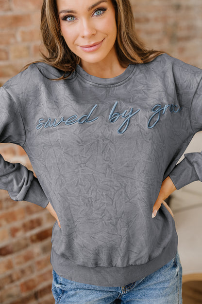 High-rise saved by grace Letter Embroidery Mineral Wash Loose Sweatshirt - Cowaa