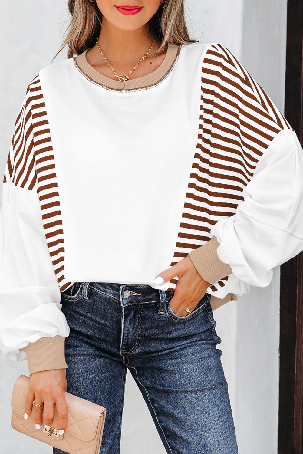 Brown Stripe Colorblock Patchwork Contrast Stitching Oversize Sweatshirt - Cowaa