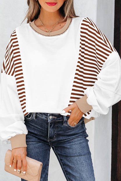 Brown Stripe Colorblock Patchwork Contrast Stitching Oversize Sweatshirt - Cowaa