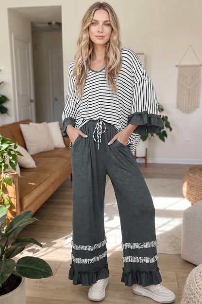 Blue Stripe V Neck Ruffle Contrast Sleeve Top Drawstring Pants 2pcs Set