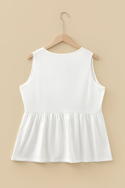 White Plus Size Solid Color Bow Tie Peplum Tank Top - Cowaa
