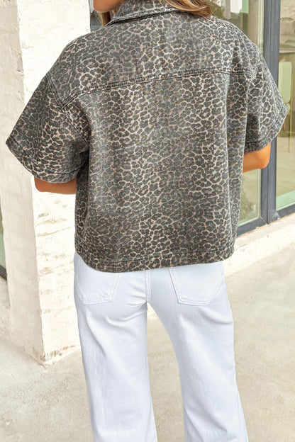 Gray Vintage Leopard Print Short Sleeve Loose Cotton Denim Shirt - Cowaa