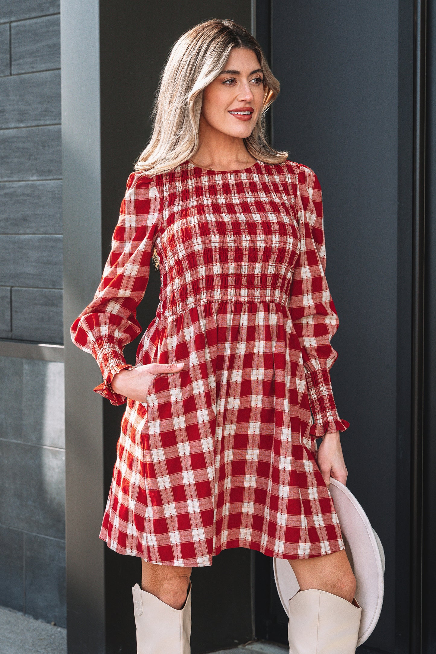 Red Plaid Print Smocked Puff Sleeve Mini Dress - Cowaa