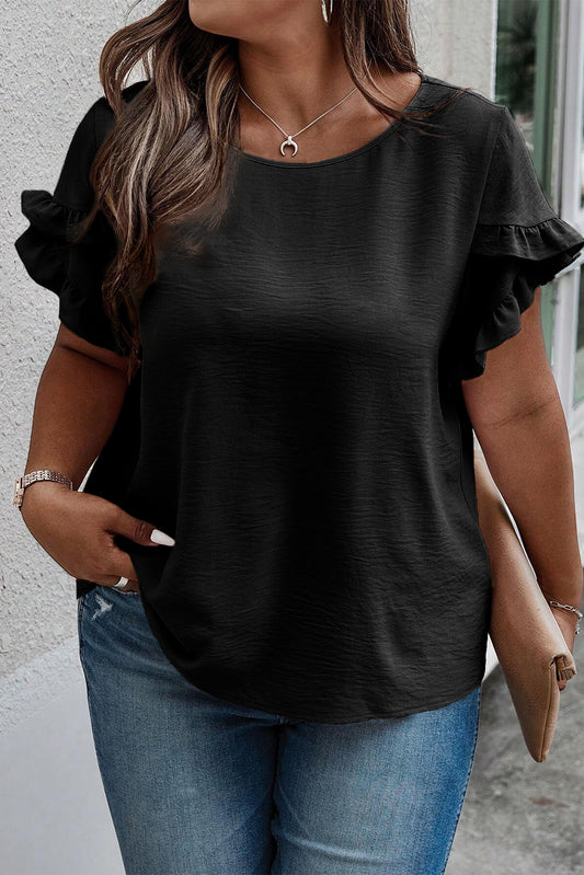 Black Ruffled Short Sleeve Plus Size Top - Cowaa