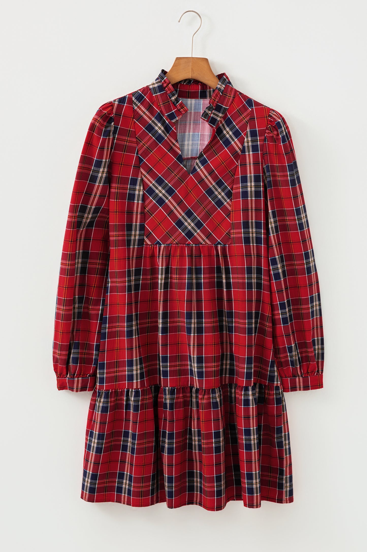 Red Plaid Print Frilly Collar Long Sleeve Shift Mini Dress - Cowaa