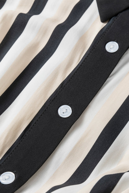 Black Stripe 3/4 Puff Sleeve Shirt Style Button Down Midi Dress - Cowaa
