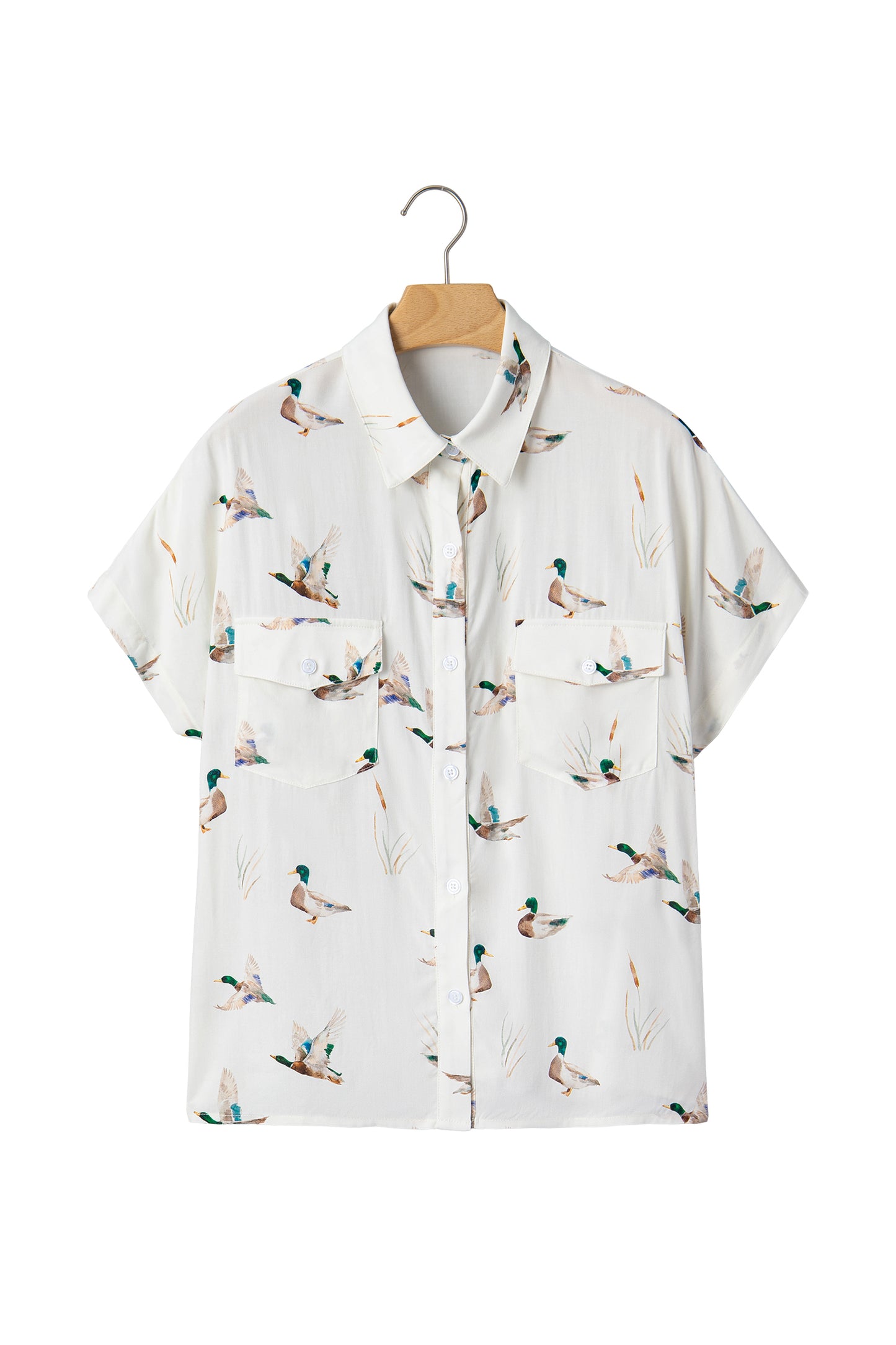 White Mallard Printed Button Flap Pocket Short Sleeve Shirt