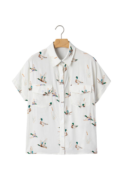 White Mallard Printed Button Flap Pocket Short Sleeve Shirt