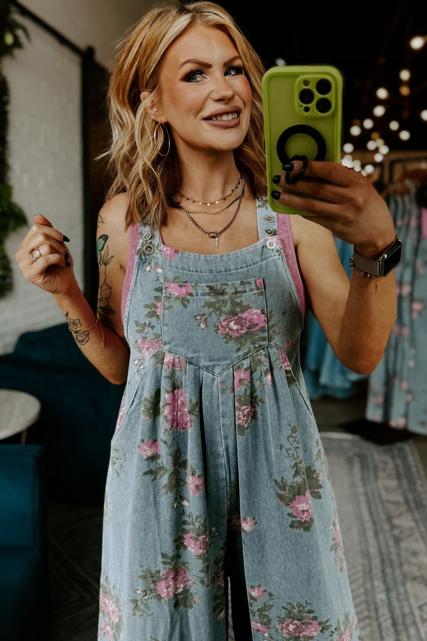 Gray Beau Floral Print Pleated High Waist Wide Leg Denim Jumpsuit