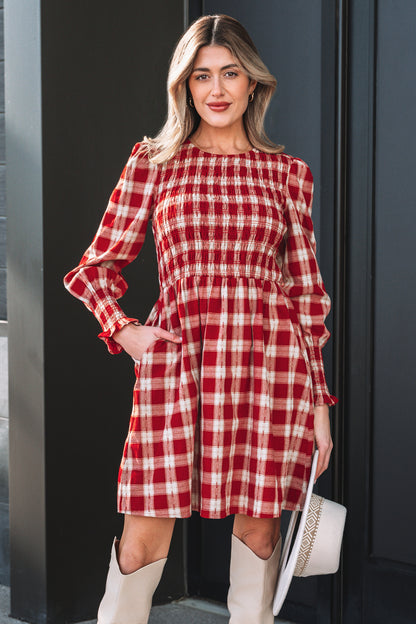 Red Plaid Print Smocked Puff Sleeve Mini Dress - Cowaa