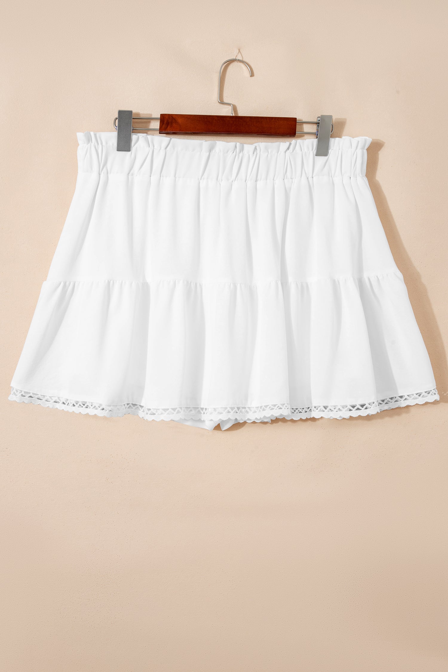 White Plus Size Frilled Elastic Waist Lace Trim Boho Ruffled Shorts - Cowaa