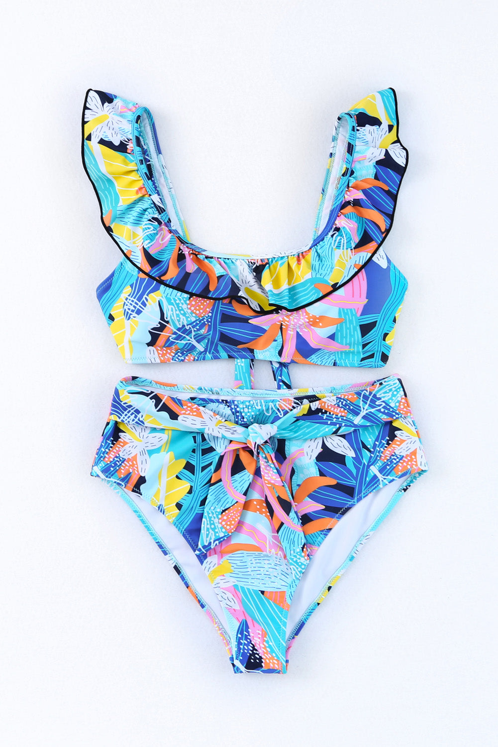 Green Tropical Print Ruffled Square Neck Tie High Waist Swimsuit - Cowaa