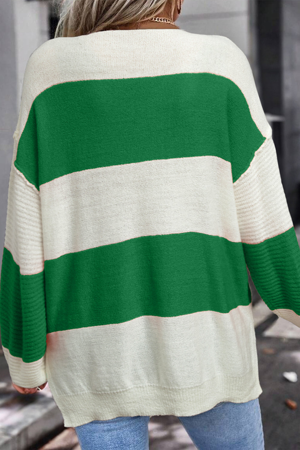 Red Stripe Colorblock V Neck Side Slits Sweater - Cowaa