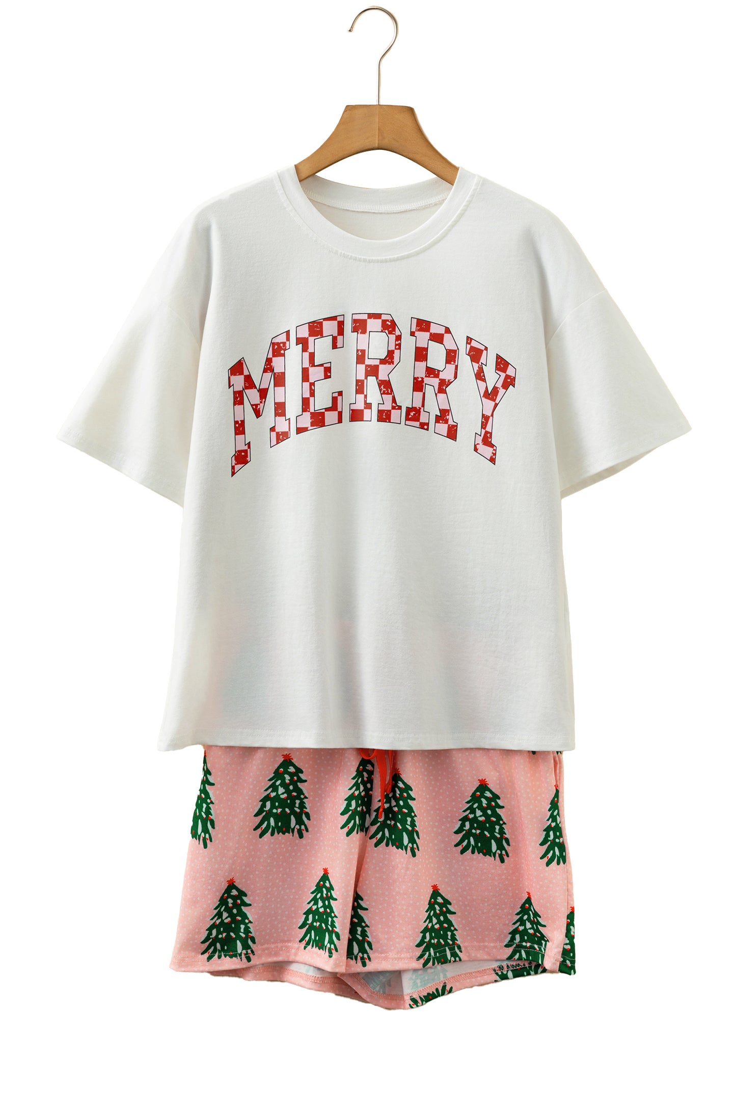 Pink Checkered MERRY Graphic Christmas Tree Print Short Lounge Set - Cowaa