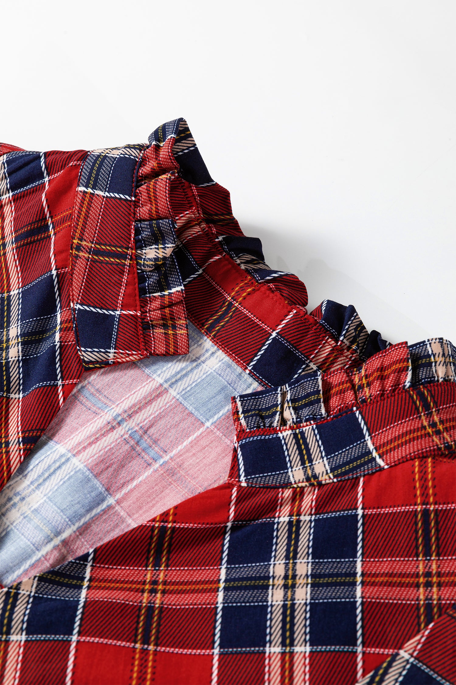 Red Plaid Print Frilly Collar Long Sleeve Shift Mini Dress - Cowaa