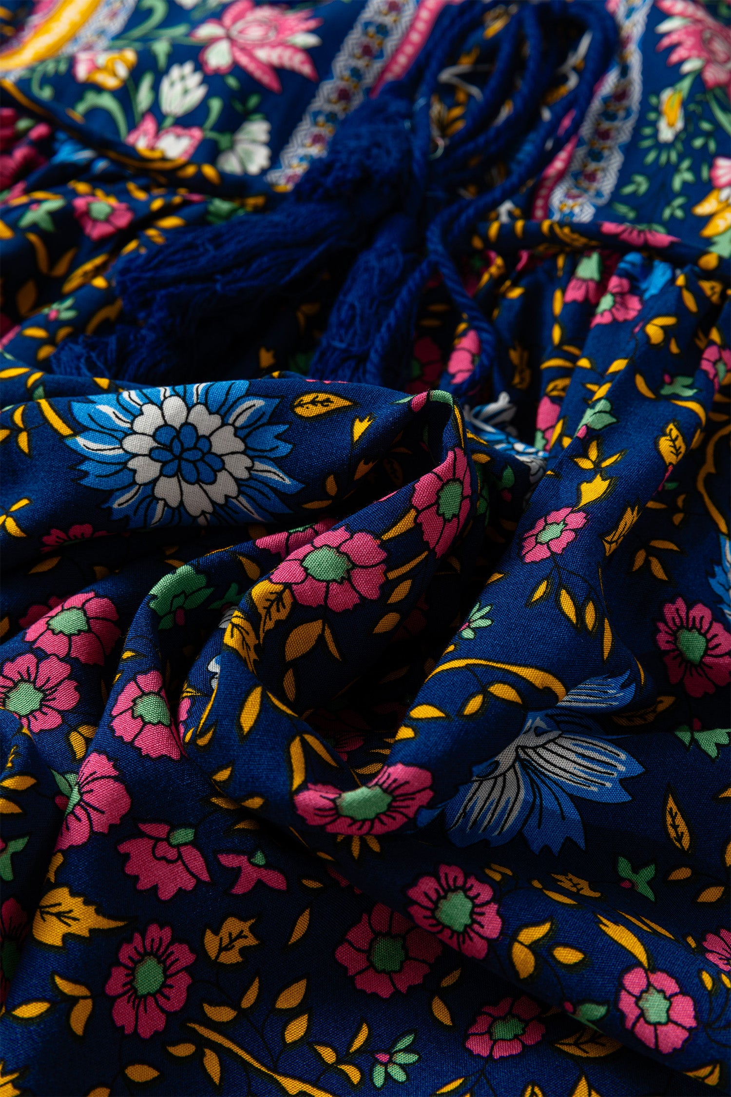 Blue Bohemian Floral Print Tassel Tie Front Long Sleeve Blouse - Cowaa