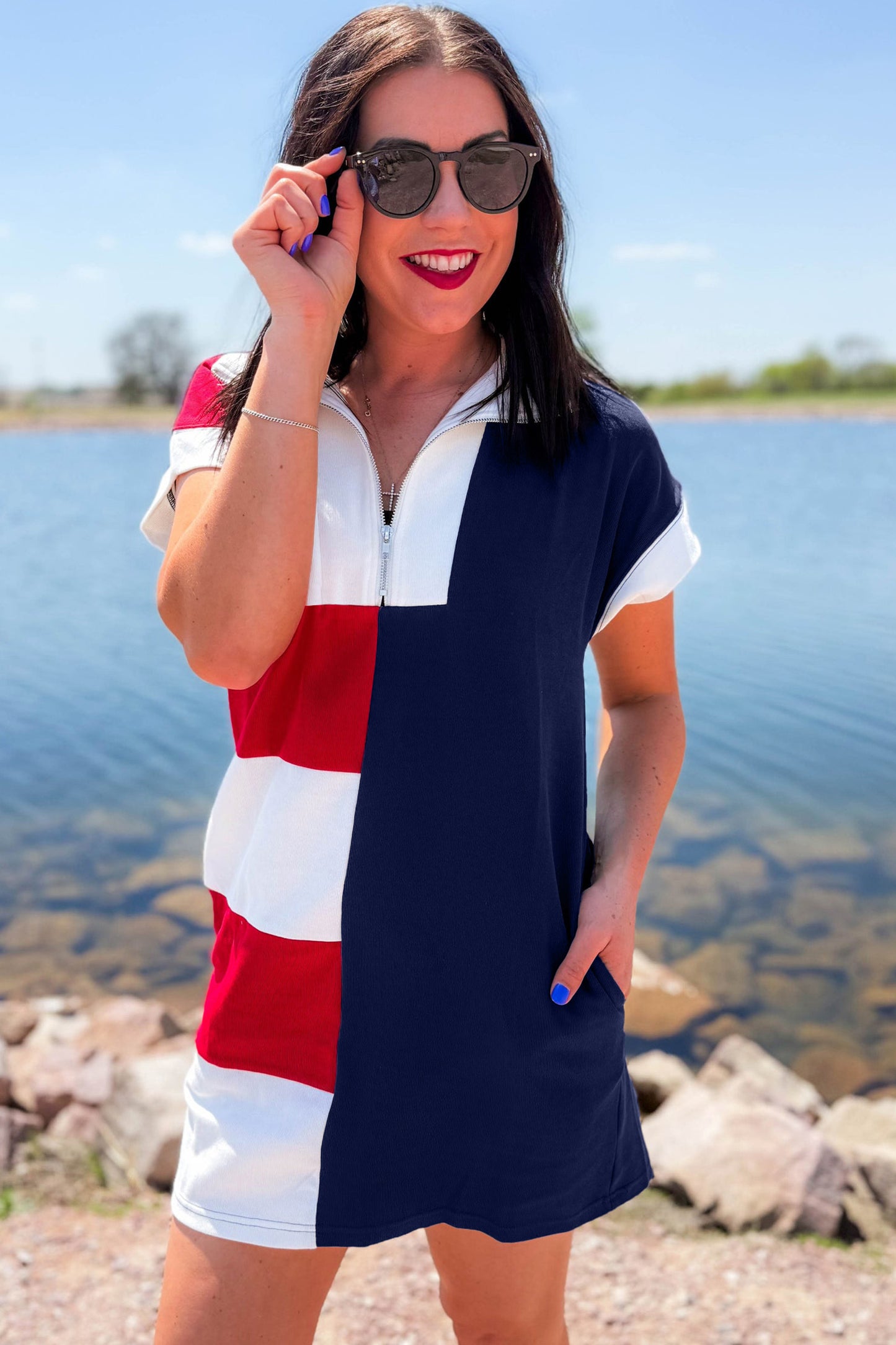 Navy Blue Americana Colorblock Stripes Zip up Collared T Shirt Mini Dress - Cowaa