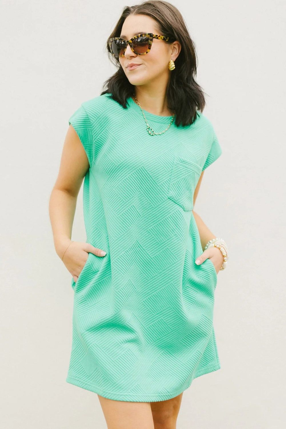 Mint Green Plain Textured Pocketed Mini Dress - Cowaa