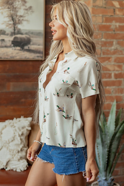 White Mallard Printed Button Flap Pocket Short Sleeve Shirt