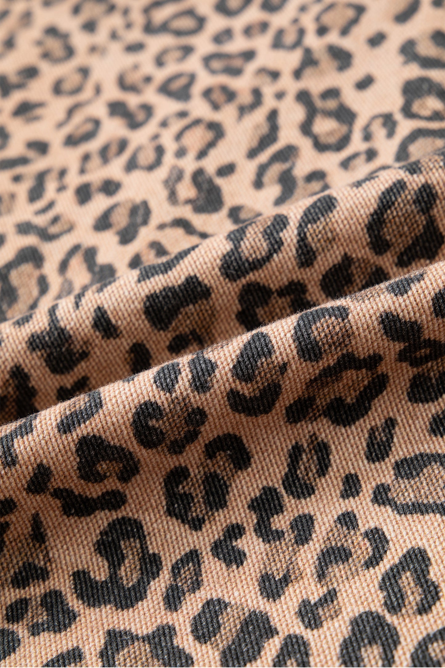 Khaki Leopard Print Collar Long Sleeve Patch Pocket Shift Denim Jacket