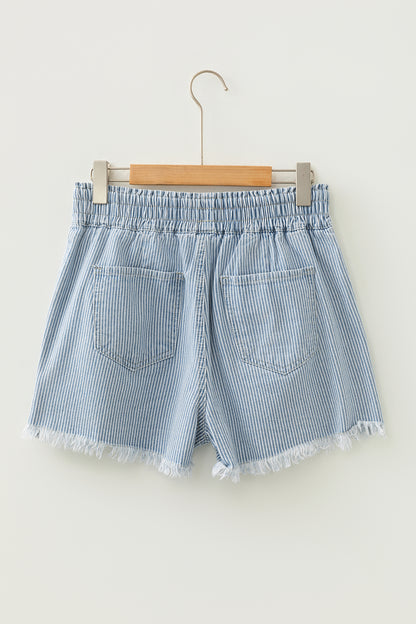 Sky Blue Stripe Raw Edge Drawstring Elastic Waist Casual Denim Shorts - Cowaa