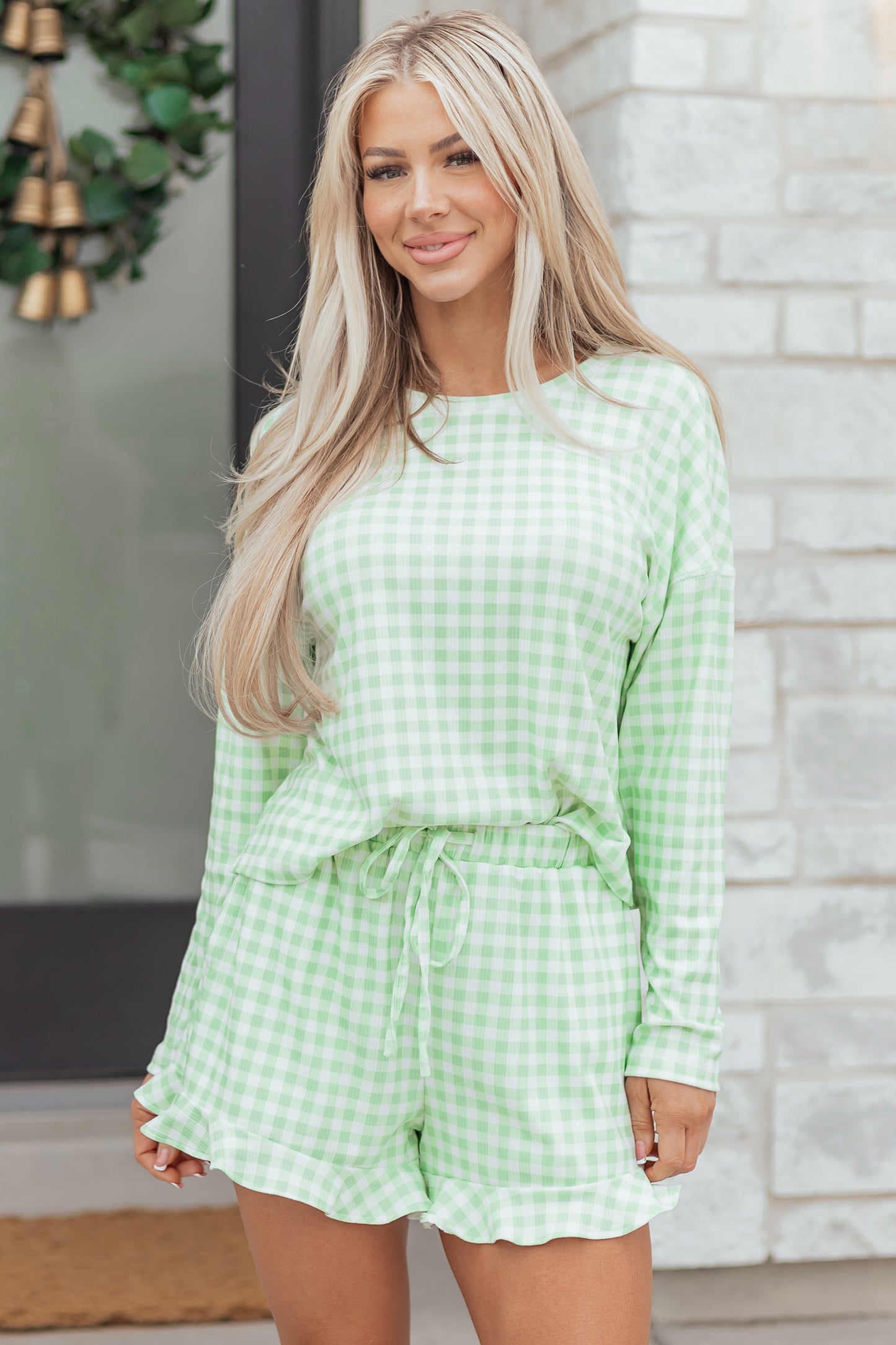 Green Gingham Long Sleeve Loose Top Drawstring Shorts 2pcs Lounge Set - Cowaa