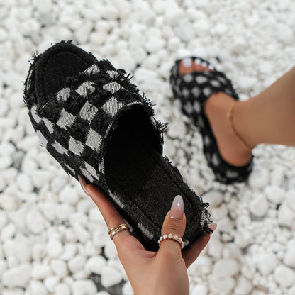 Plaid PU Leather Platform Sandals - Cowaa