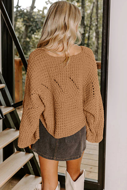 Camel Hollowed Detail Wide Sleeve Loose Pullover Sweater - Cowaa