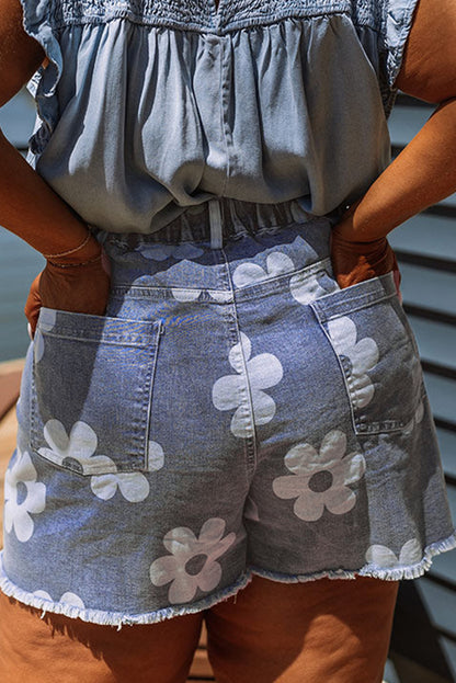Ashleigh Blue Floral Pattern Raw Hem Plus Size Denim Shorts