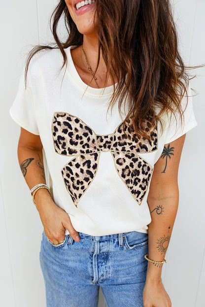 White Leopard Bow Embroidered Cotton Round Neck T Shirt - Cowaa