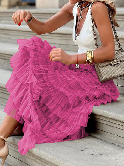 Mesh Flared Layered Hem Midi Skirt High Waist Pleated A Line - Cowaa