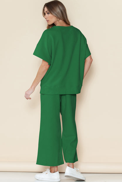 Navy Blue Textured Loose Fit T Shirt and Drawstring Pants Set - Cowaa