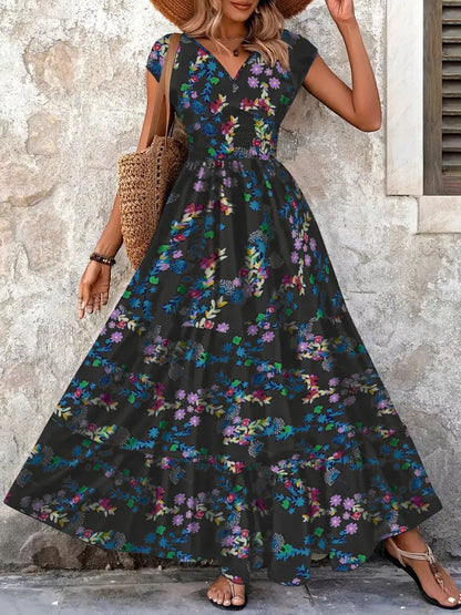Plus Size Floral V-Neck Cap Sleeve Maxi Dress.