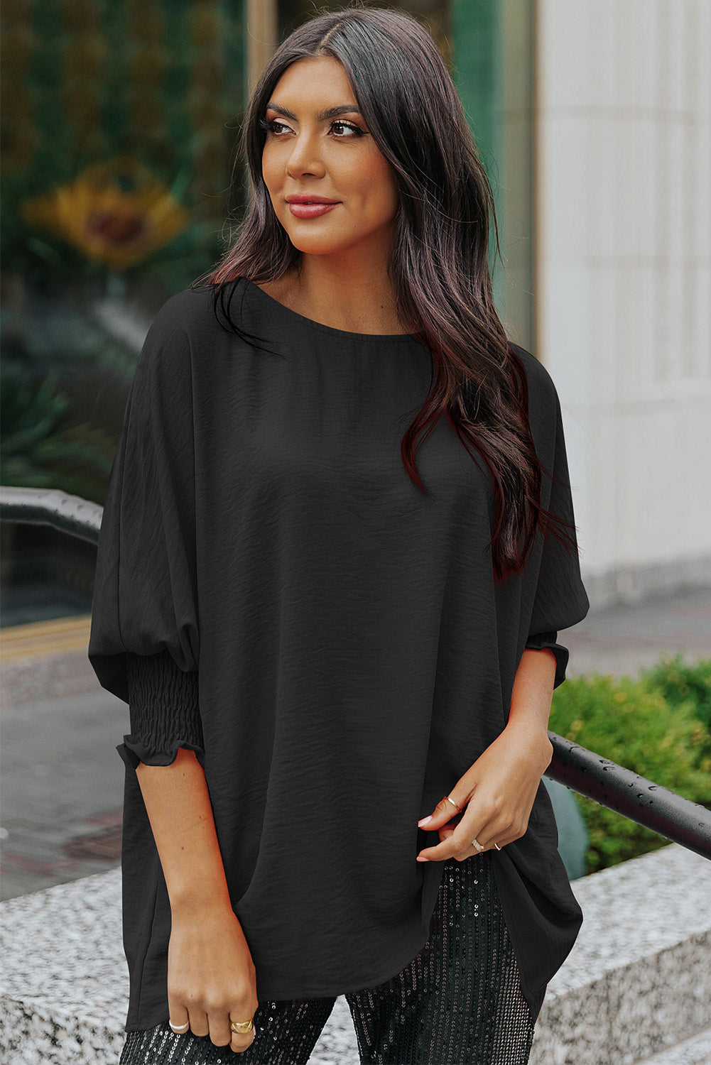 Apricot Solid Casual Smocked Cuffs Batwing Sleeve Blouse - Cowaa