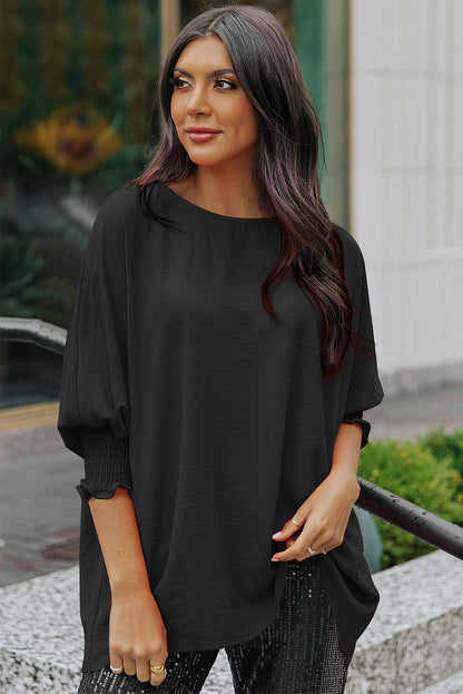 Apricot Solid Casual Smocked Cuffs Batwing Sleeve Blouse - Cowaa
