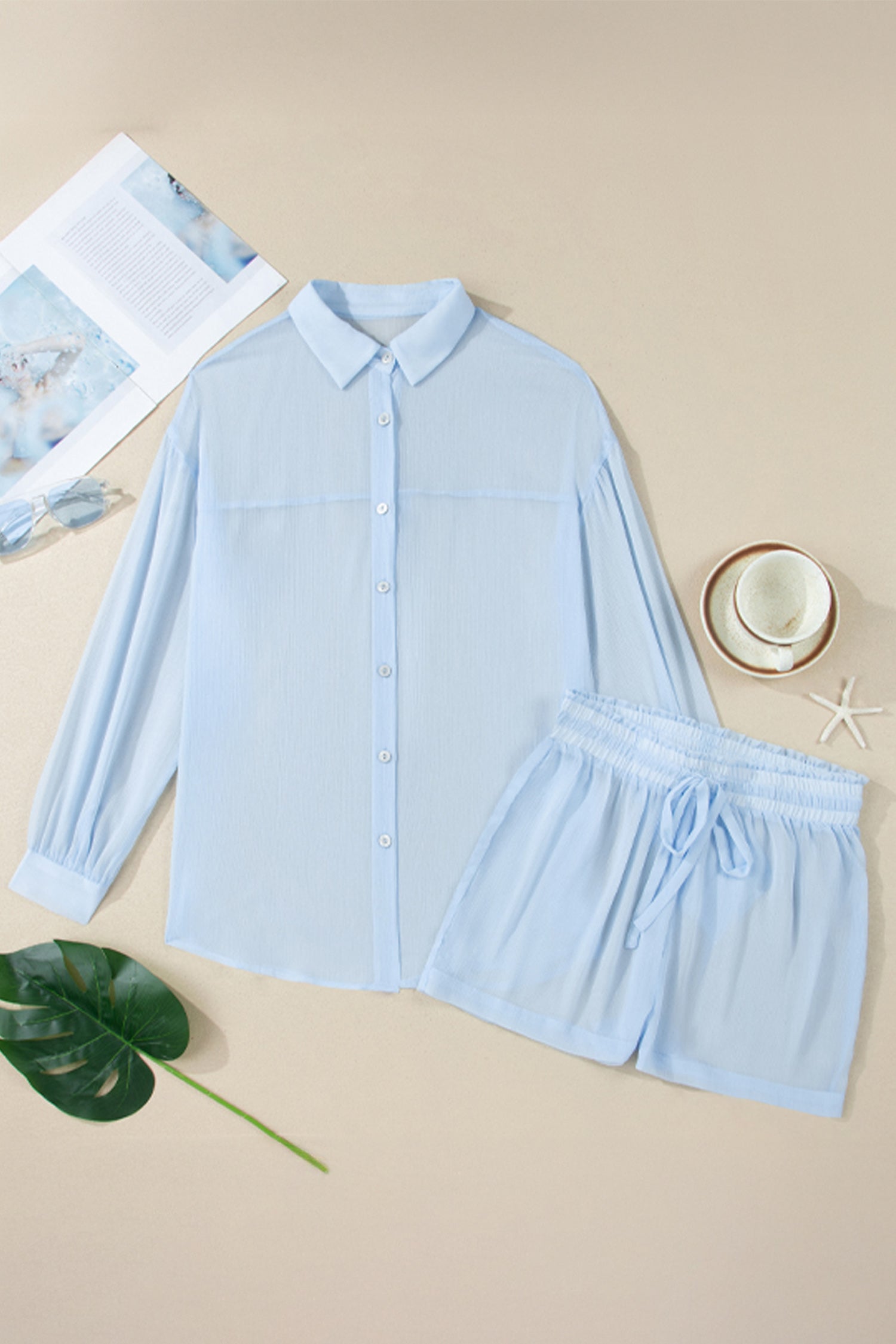Beau Blue Sheer Tunic Shirt Drawstring Shorts 2pcs Swim Cover Up - Cowaa