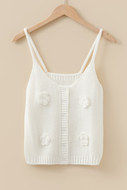 White 3D Flower Spaghetti Straps Sweater Vest - Cowaa