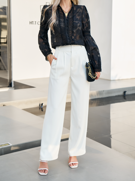 Black Ruffle Trim Botton Up Blouse - Cowaa