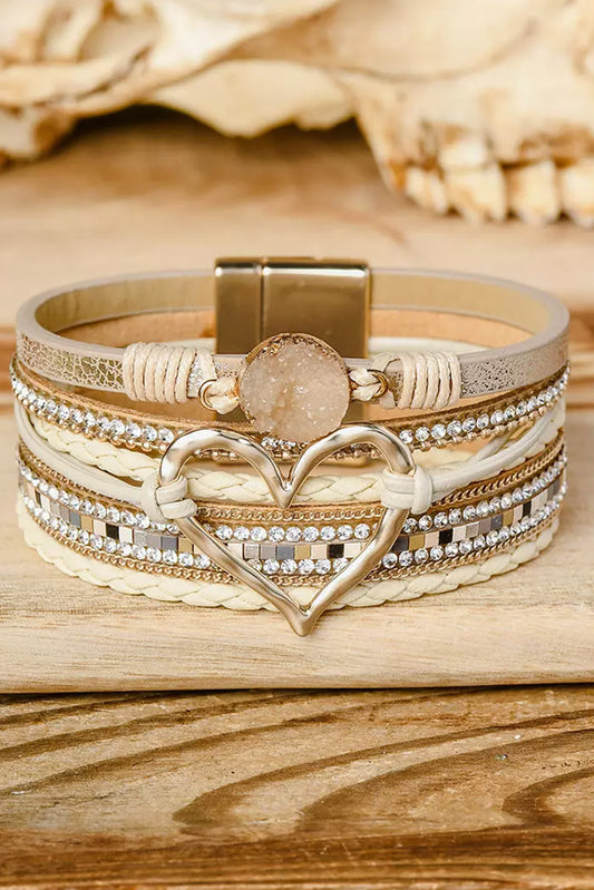 Beige Bohemian Heart Rhinestone Magnetic Buckle Bracelet - Cowaa