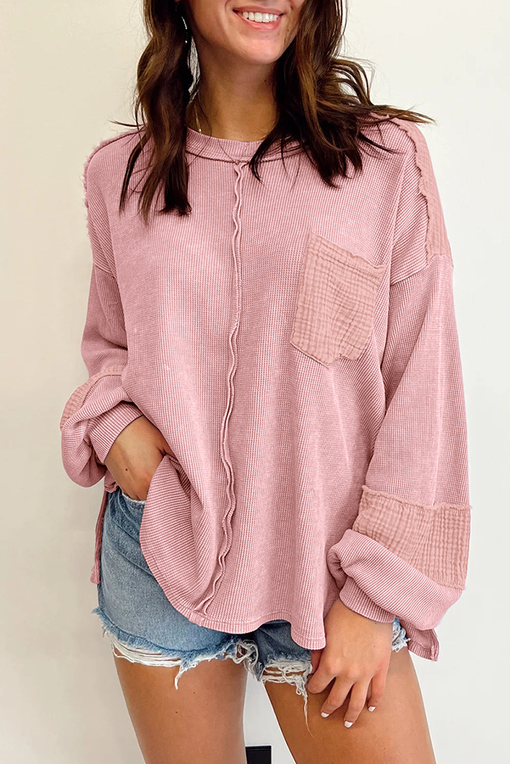 Crinkle Patchwork Long Sleeve Top - Cowaa
