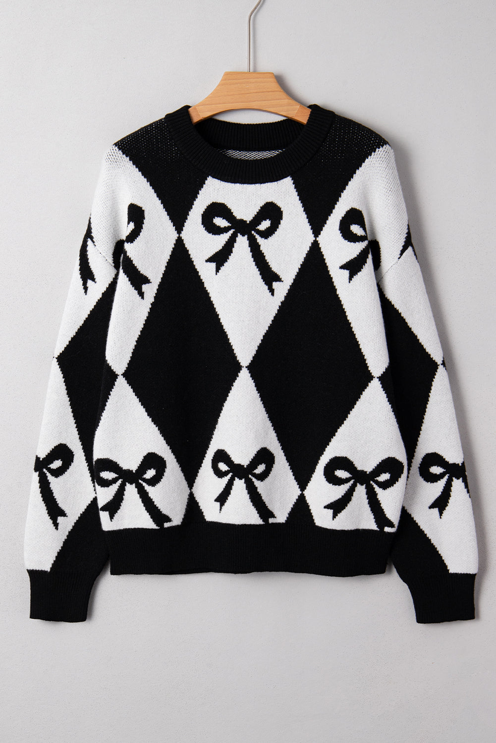 Black Bow Pattern Colorblock Rhombus Knit Loose Sweater - Cowaa
