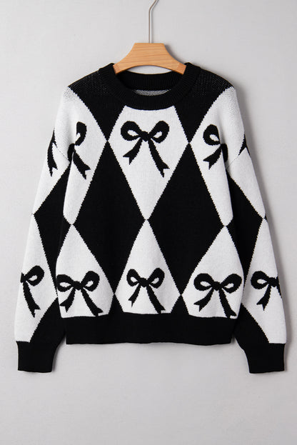 Black Bow Pattern Colorblock Rhombus Knit Loose Sweater - Cowaa