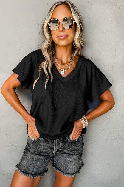 Black Plain Crinkled V Neck Short Sleeve Blouse - Cowaa