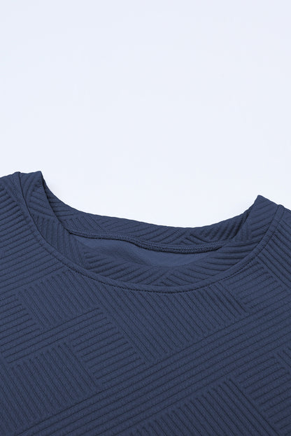 Navy Blue Textured Loose Fit T Shirt and Drawstring Pants Set - Cowaa